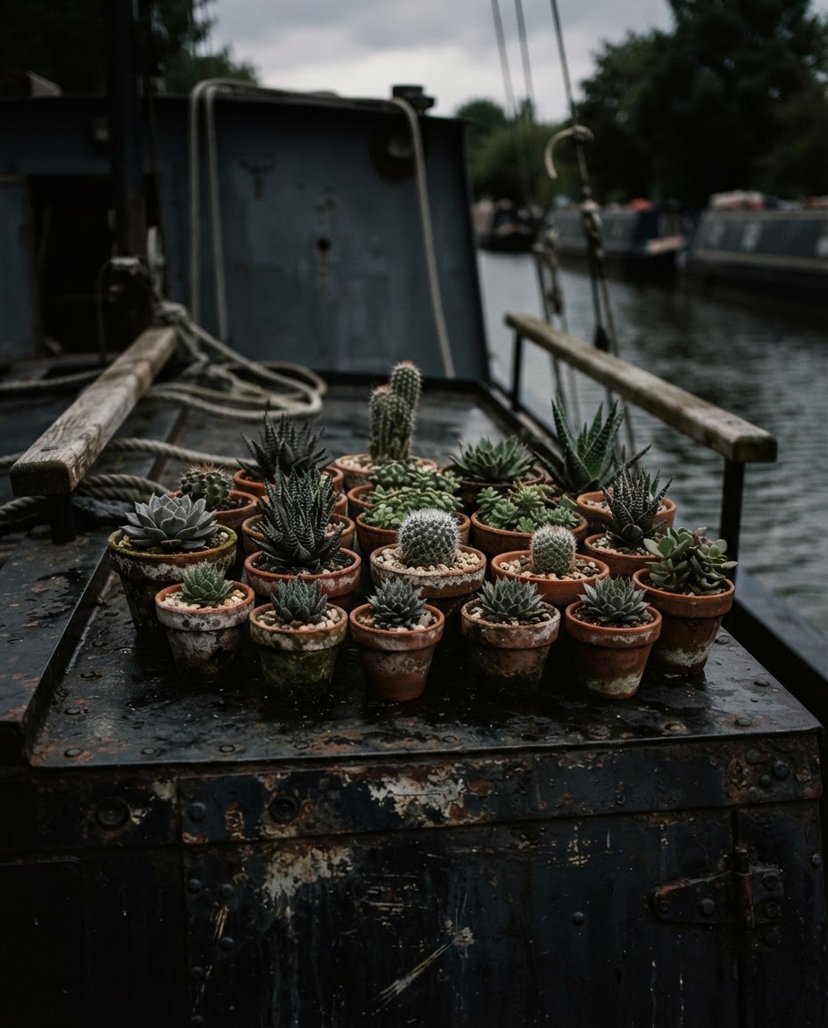 Cacti and succulents in the wheelhouse of the Hold Fast Leeds barge
